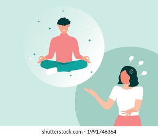 Feeling calm inside the personal space buble, angry couple having an argument flat design concept