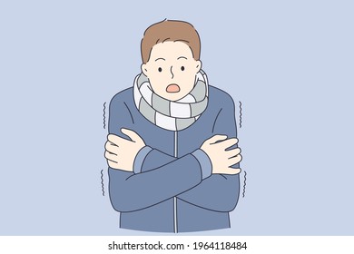 Feeling cold and frozen concept. Young man in warm coat and scarf standing feeling cold with surprised look vector illustration 