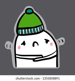Feeling cold hand drawn sticker illustration with cute marshmallow in green hat cartoon minimalism