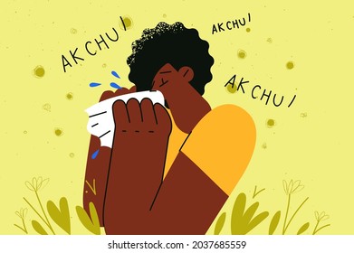 Feeling cold and sneezing concept. Young african or black woman with napkin cartoon character sneezing and feeling cold and ill outdoors vector illustration 