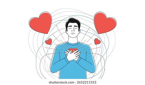 Sensação de profunda conexão e amor com a paz interior cercada por corações e linhas energéticas simbolizando laços emocionais