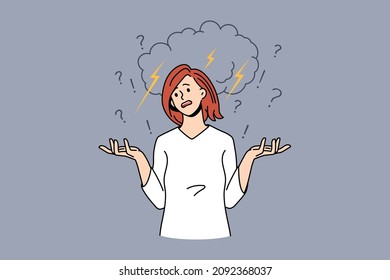 Feeling disappointed and angry concept. Young furious woman shouting with stormy rain and weather above from cloud feeling stressed and rage vector illustration 