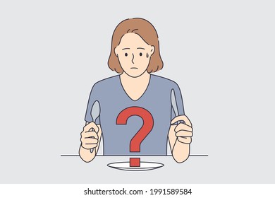 Feeling doubt and insecure concept. Young frustrated woman cartoon character sitting at table with fork and knife looking at plate with red question mark on it vector illustration 