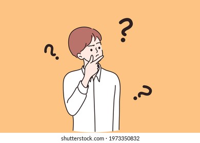 Feeling doubt, question, making decision concept. Young frustrated man or boy cartoon character standing feeling doubt with question signs above vector illustration 