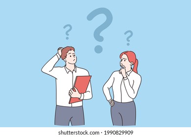 Feeling doubt, question, thinking concept. Young frustrated man and woman business partners cartoon characters standing feeling doubt with question signs above vector illustration 