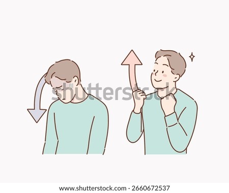 feeling up and down: flat male character emotions. Hand drawn style vector design illustrations.