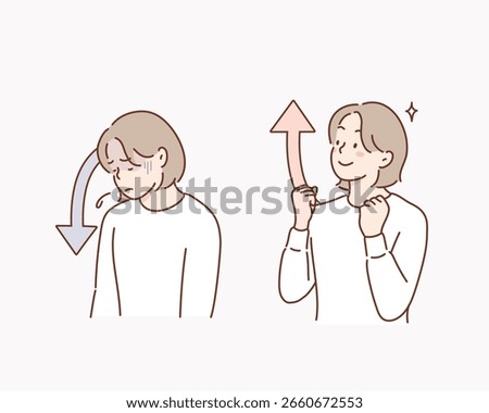 feeling up and down: flat male character emotions. Hand drawn style vector design illustrations.