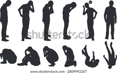 Feeling down and lonely man vector silhouette set. Ideal vector assets for mental health awareness campaigns, psychological concepts, stress management graphics, and emotional storytelling.