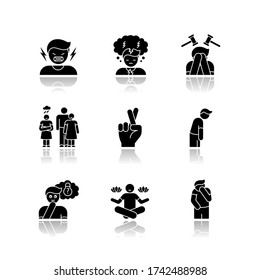 Feeling drop shadow black glyph icons set. Social and moral emotion. Psychological treatment. Positive attitude. Negative behaviour. Mental health. Isolated vector illustrations on white space