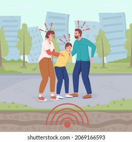 Feeling Earthquake Shaking Flat Color Vector Illustration. Frightening Experience Of Natural Disaster. Family Scared Of Quake Struck 2D Cartoon Characters With Urban Area On Background