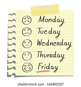 Feeling and emotion expression symbol with date from Monday to Friday, hand writing on note paper. Vector illustration. 
