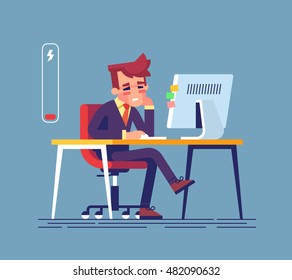 Feeling exhausted. Tired young man sitting at his working place with computer in office. Business concept.  Modern creative vector illustration.  