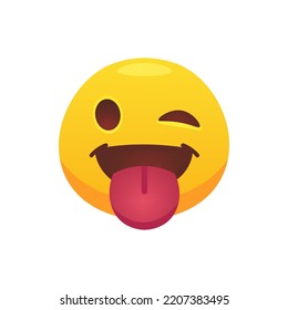 Sintiendo expresión. Enfrentar a emoji sacando la lengua de su boca, icono plano para el diseño web. Icono de círculo de emoción amarilla caricatura sonriendo, riendo y llorando ilustraciones vectoriales aisladas