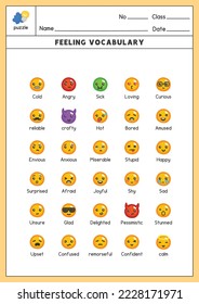 feeling face category vocabulary word book exercises sheet kawaii doodle vector cartoon