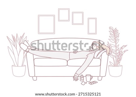 Feeling fever and ill concept. Sick young woman lying on coach with medicines on floor feeling bad at home vector illustration