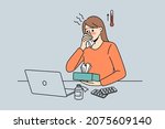 Feeling fever and ill concept. Young woman worker cartoon character sitting in office at laptop having high temperature and sick vector illustration 