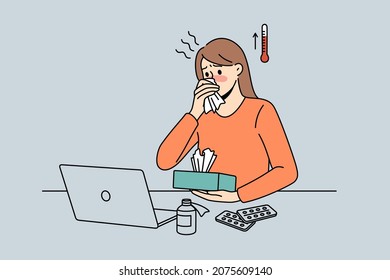 Feeling fever and ill concept. Young woman worker cartoon character sitting in office at laptop having high temperature and sick vector illustration 