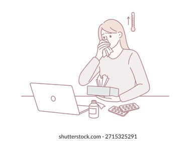 Sensación de fiebre y malestar conceptual. Carácter de la historieta del trabajador de la mujer joven que se sienta en la oficina en el ordenador portátil que tiene alta temperatura y Ilustración vectorial enferma