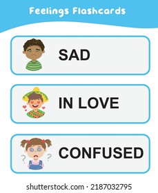 Feeling flashcards for children to understand about expressing feelings. Vector illustration.