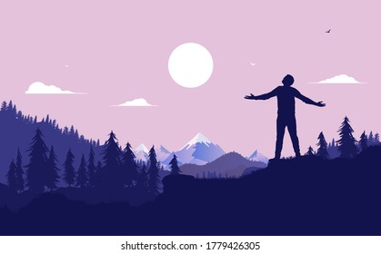 Feeling free. Silhouette of man with open arms standing in nature landscape with forest, sun and mountains in background. Personal freedom concept. Vector illustration.