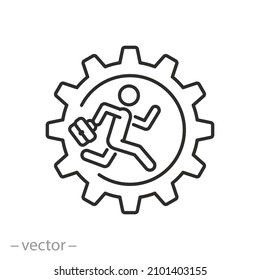 feeling full busy icon, running man in cogwheel, effort or achievement in business target, businessman mind and strategy, thin line symbol on white background - editable stroke vector illustration