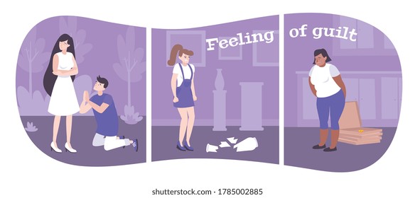 Feeling of guilt flat compositions showing emotions of people in different situations vector illustration 