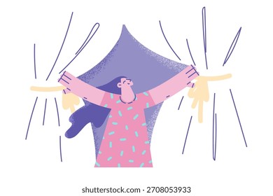 Sentirse feliz y positivo concepto. Joven mujer sonriente personaje de dibujos animados de pie empujando cortinas lejos respirando aire fresco sintiendo feliz Ilustración vectorial