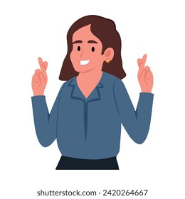 Feeling hope with crossed fingers concept. Young positive woman cartoon character standing with eyes closed holding fingers crossed. Flat vector illustration isolated on white background