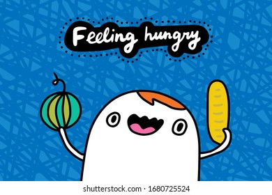 Feeling hungry hand drawn vector illustration in cartoon comic style man holding bread and watermelon textured background