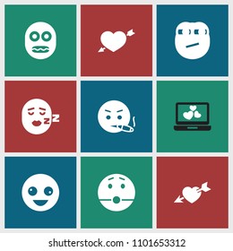 Feeling icon. collection of 9 feeling filled icons such as crazy emot, smoking emot, heart with arrow, shocked emoji. editable feeling icons for web and mobile.