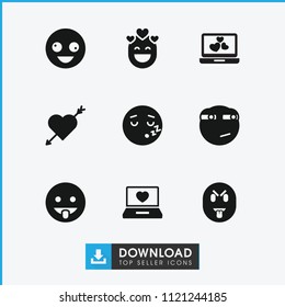 Feeling icon. collection of 9 feeling filled icons such as crazy emot, showing tongue emot, rolling eyes emoji, heart with arrow. editable feeling icons for web and mobile.