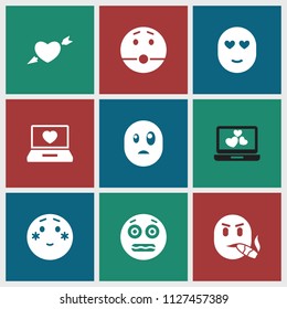 Feeling icon. collection of 9 feeling filled icons such as shy emoji, shocked emoji, surprised emoji, laptop with heart. editable feeling icons for web and mobile.