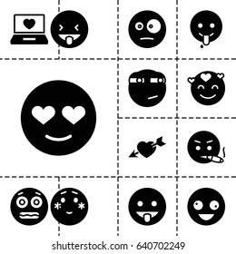 Feeling icon. set of 13 filled feelingicons such as crazy emot, emot in love, shy emoji, shocked emoji, laptop with heart