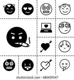 Feeling icon. set of 13 filled and outline feeling icons such as emot in love, smoking emot, showing tongue emot, shocked emoji, laptop with heart, shy emoji