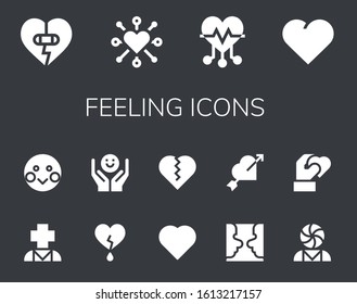 feeling icon set. 14 filled feeling icons.  Simple modern icons such as: Heart, Psychology, Shy
