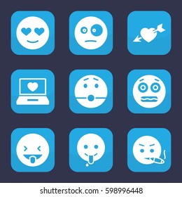 feeling icon. Set of 9 filled feeling icons such as emot in love, surprised emot, shocked emoji, emoji showing tongue, laptop with heart