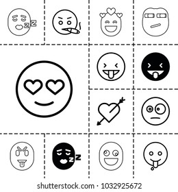 Feeling icons. set of 13 editable filled and outline feeling icons such as showing tongue emot, emot in love, emoji showing tongue, heart with arrow