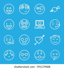 feeling icons set. Set of 16 feeling outline icons such as laptop with heart, heart with arrow, crazy emot, emot in love, shy emoji