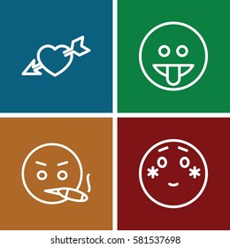 feeling icons set. Set of 4 feeling outline icons such as heart with arrow, shy emoji, smoking emot