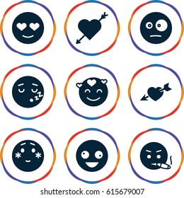 Feeling icons set. set of 9 feeling filled icons such as crazy emot, emot in love, shy emoji