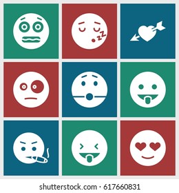 Feeling icons set. set of 9 feeling filled icons such as emot in love, surprised emot, shocked emoji