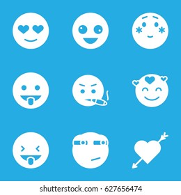 Feeling icons set. set of 9 feeling filled icons such as crazy emot, emot in love, shy emoji, rolling eyes emoji
