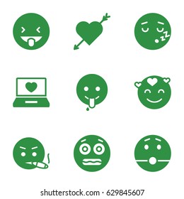 Feeling icons set. set of 9 feeling filled icons such as emot in love, smoking emot, shocked emoji, emoji showing tongue, laptop with heart