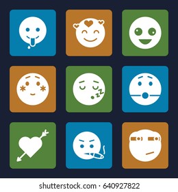 Feeling icons set. set of 9 feeling filled icons such as crazy emot, shy emoji, emot in love, emoji showing tongue, rolling eyes emoji