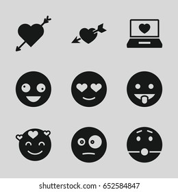 Feeling icons set. set of 9 feeling filled icons such as crazy emot, emot in love, laptop with heart
