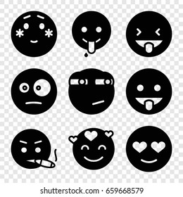 Feeling icons set. set of 9 feeling filled icons such as emot in love, shy emoji, surprised emot, emoji showing tongue