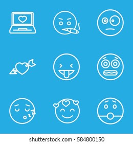 feeling icons set. Set of 9 feeling outline icons such as laptop with heart, heart with arrow, emot in love, surprised emot