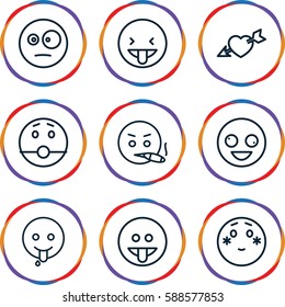feeling icons set. Set of 9 feeling outline icons such as heart with arrow, crazy emot, shy emoji, surprised emot