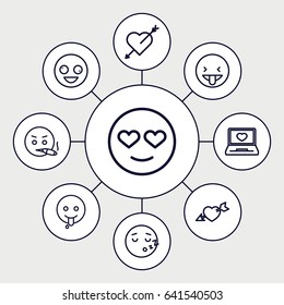 Feeling icons set. set of 9 feeling outline icons such as laptop with heart, heart with arrow, crazy emot, emot in love