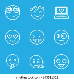 Feeling icons set. set of 9 feeling outline icons such as laptop with heart, crazy emot, emot in love, emoji showing tongue
